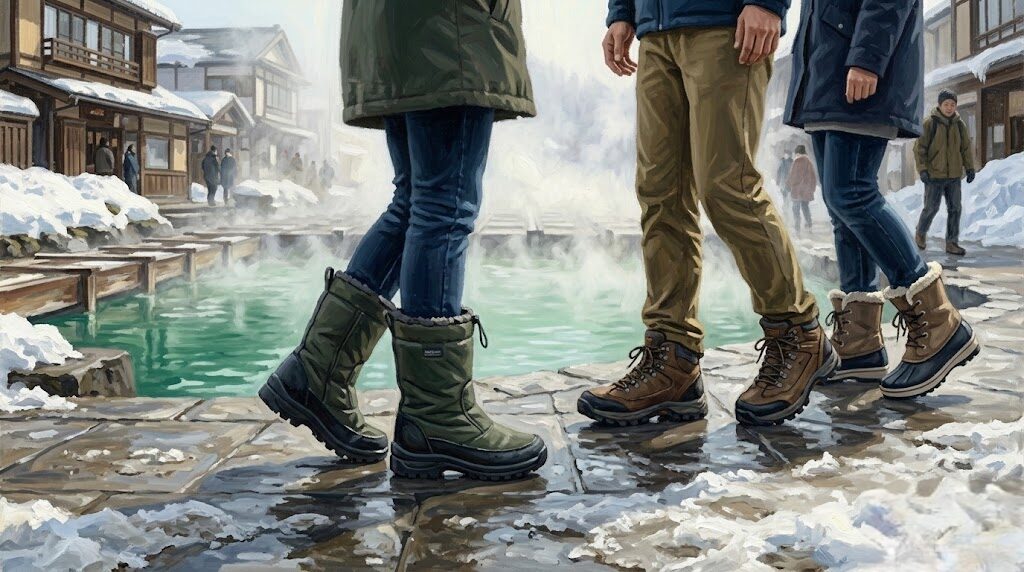 湯畑周辺の散策に必須な防水スノーブーツや靴の選び方