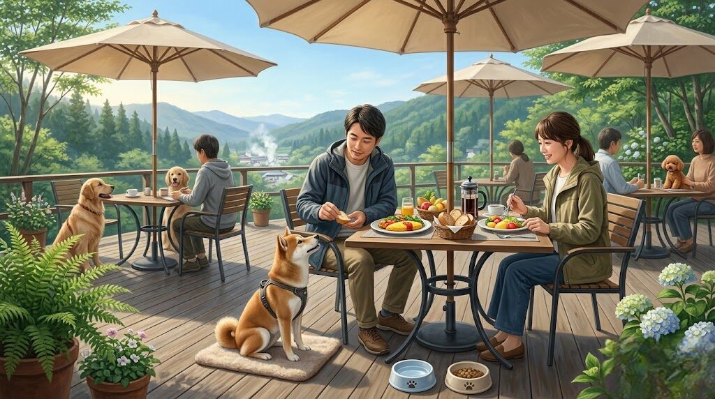ペット連れの旅行者がテラス席で朝食を摂る方法