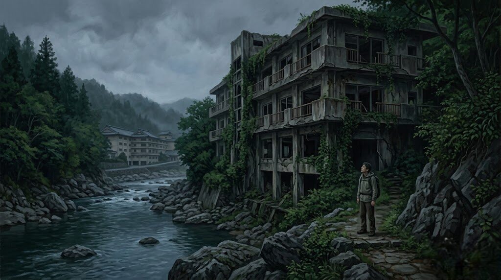 周辺に点在する廃墟ホテルが醸し出す不気味な空気