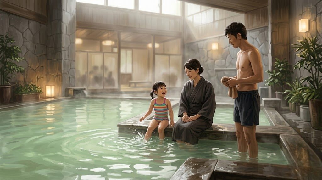 混浴イベントや子供連れで活躍する湯あみ着と水着