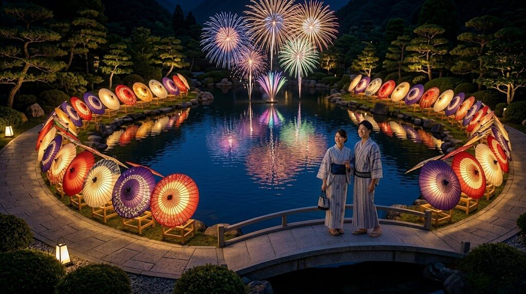 月あかり花回廊の和傘アートと夜空を飾る花火
