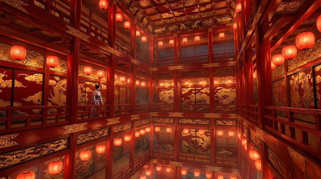 赤と金の色彩美が織りなす幻想的な空間演出