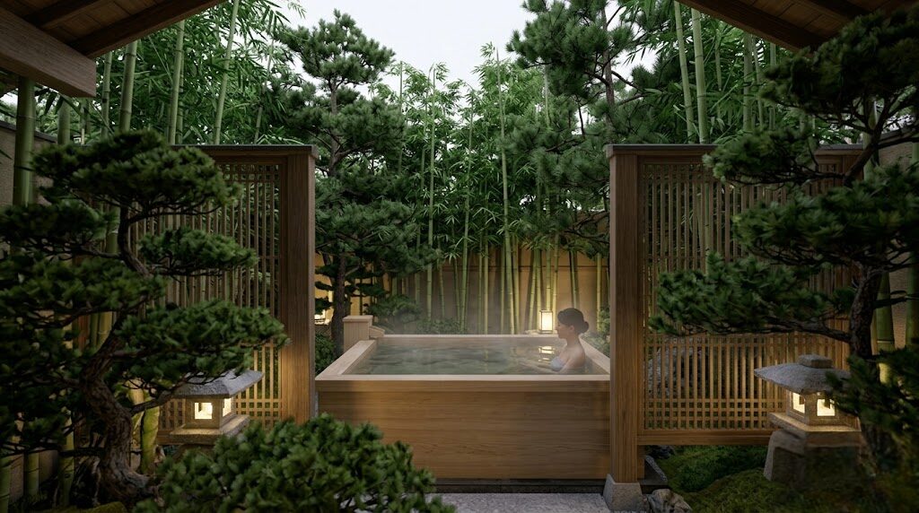 庭園で視線を遮断する鬼怒川グランドホテルの工夫