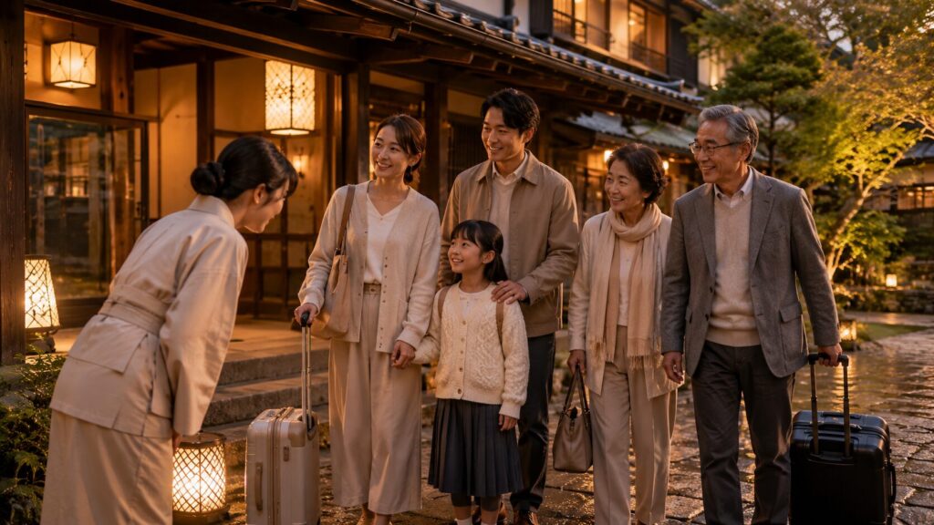 有馬温泉と城崎温泉の家族旅行で高級旅館に到着した三世代の日本人家族