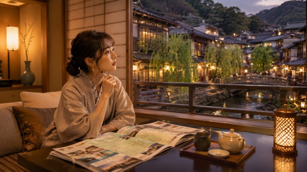温泉街を望む高級旅館の客室で有馬温泉と城崎温泉の旅行計画を立てる日本人女性