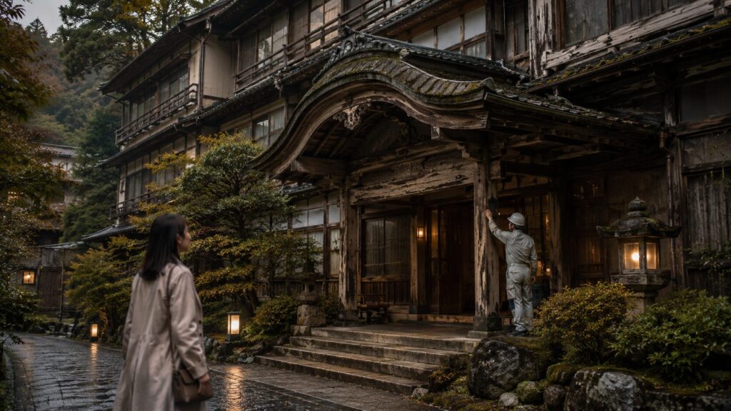 有馬温泉の老朽化した旅館を点検する作業員と日本人女性