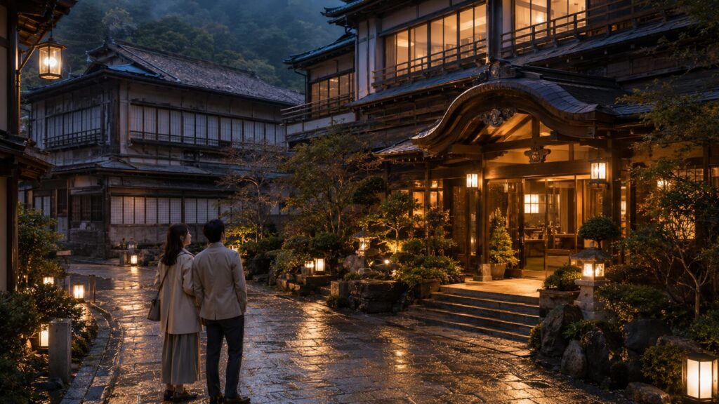 有馬温泉で営業中の旅館と休館施設を確認する日本人旅行者