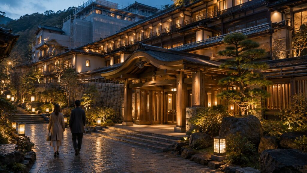 有馬温泉で再開発された高級旅館へ向かう日本人旅行者
