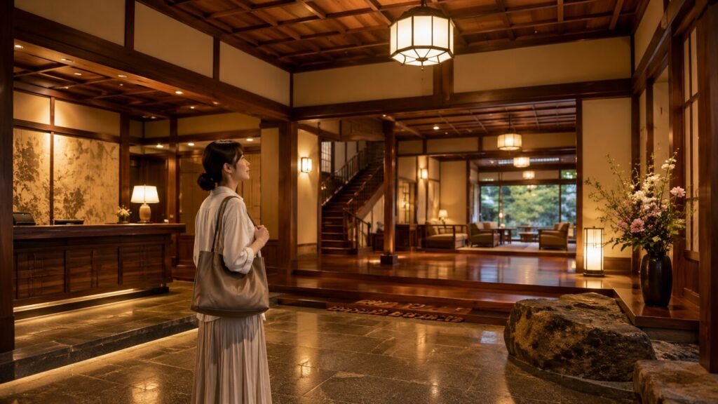 木の温もりが広がる高級旅館のロビーで、落ち着いた雰囲気の空間を見渡す女性の様子