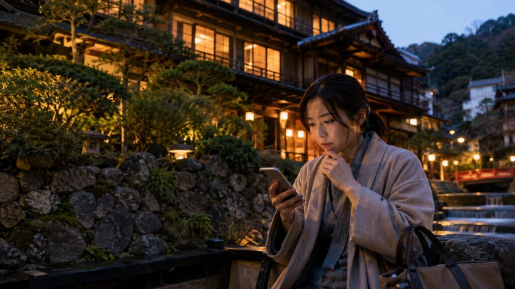 有馬温泉の旅館街で、旅館の外観を背景にスマートフォンを見ながら不安そうに情報を確認する女性の様子