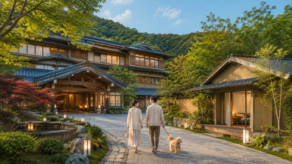 山間の高級旅館と愛犬同伴ヴィラのある敷地内を、犬を連れた男女が歩く有馬温泉の宿泊イメージ