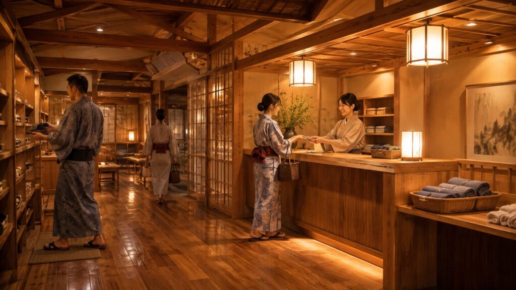木の温もりを感じる御座之湯の受付で浴衣姿の利用客が入浴準備をするイメージ
