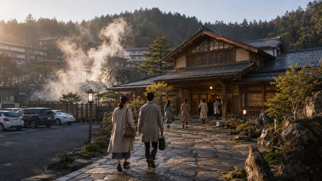 駐車場と石畳のアプローチから草津温泉大滝乃湯へ向かう来館者のイメージ