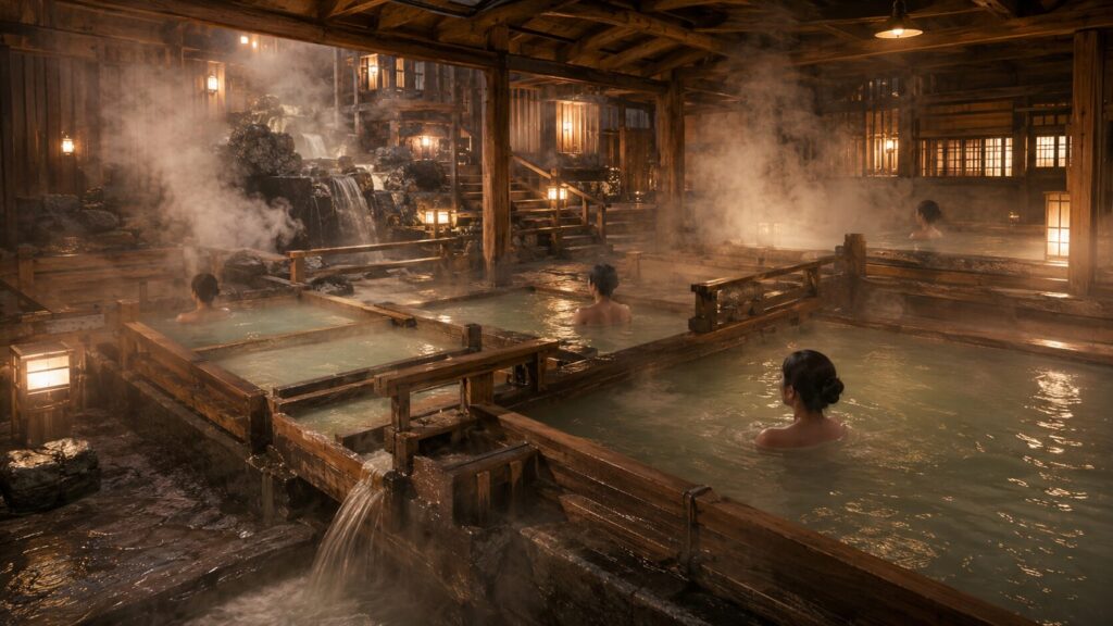 草津温泉大滝乃湯の合わせ湯を思わせる木造浴槽と湯けむりに包まれた内湯のイメージ