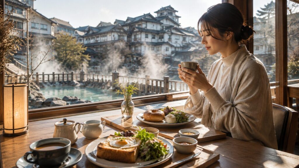 草津温泉の湯けむりを望むカフェでパンとコーヒーのモーニングを楽しむ女性のイメージ