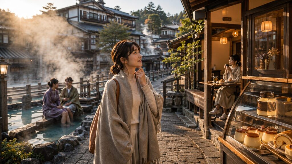 草津温泉の足湯やスイーツ店を眺めながらカフェ選びを楽しむ女性のイメージ