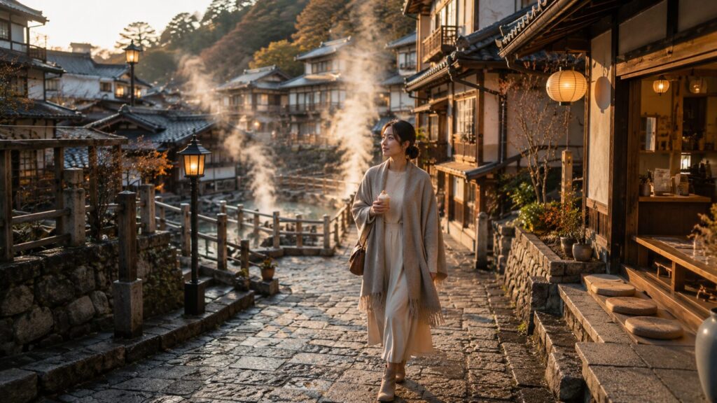人の少ない草津温泉の石畳をスイーツ片手にゆっくり散策する女性のイメージ