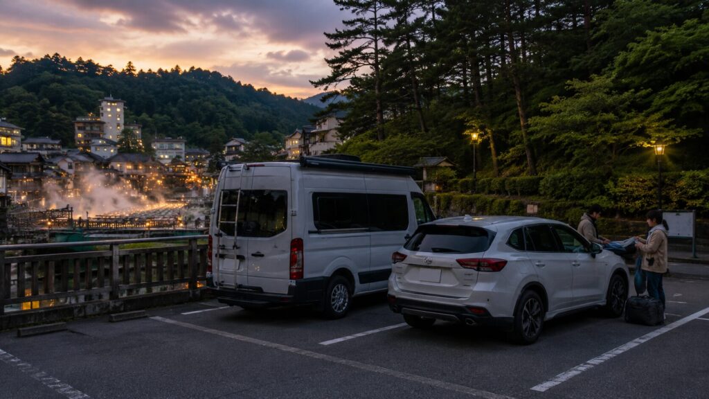 草津温泉で車中泊をするキャンピングカーと普通車が停まる夕暮れの駐車場
