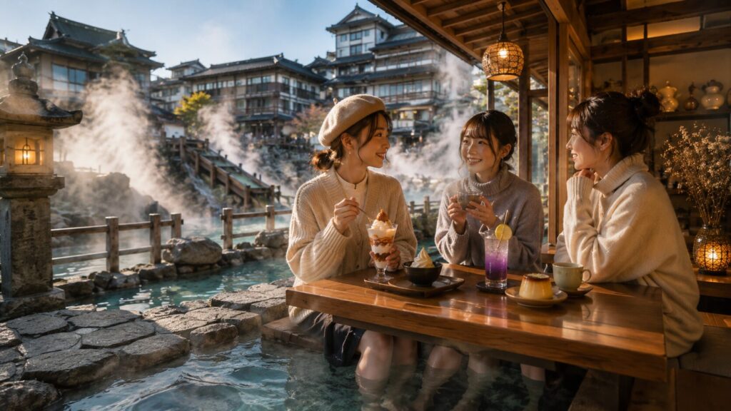 草津温泉の足湯に浸かりながらパフェやプリンなどの名物スイーツを楽しむ女性たちのイメージ