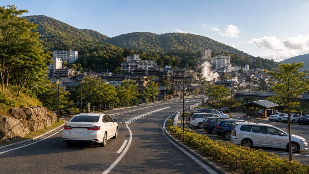 草津温泉の駐車場へ向かう道路と山あいの温泉街を描いた風景