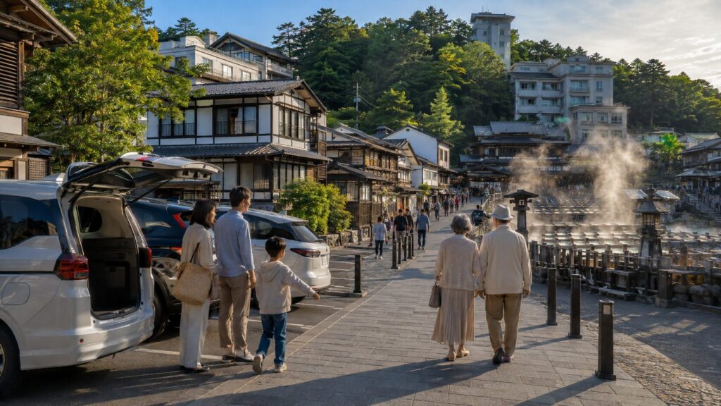 草津温泉で目的別に駐車場を選び湯畑へ歩く観光客の様子