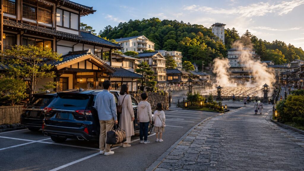草津温泉で駐車場選びを考える家族が湯畑近くの温泉街を眺める様子