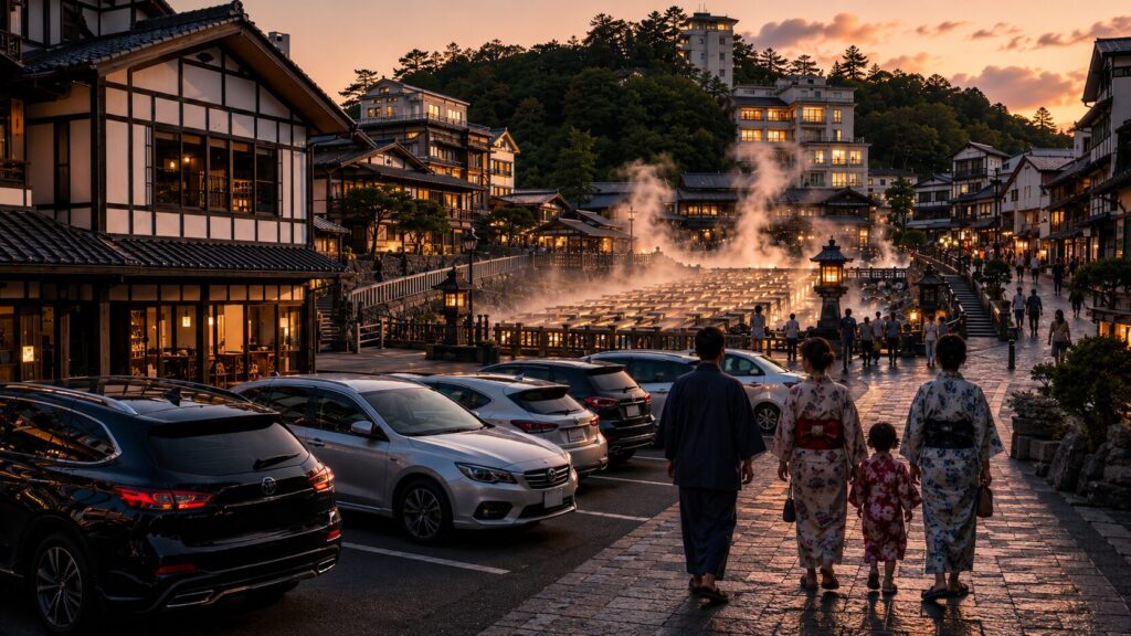 草津温泉の駐車場から湯畑へ向かう家族と温泉街の夕景