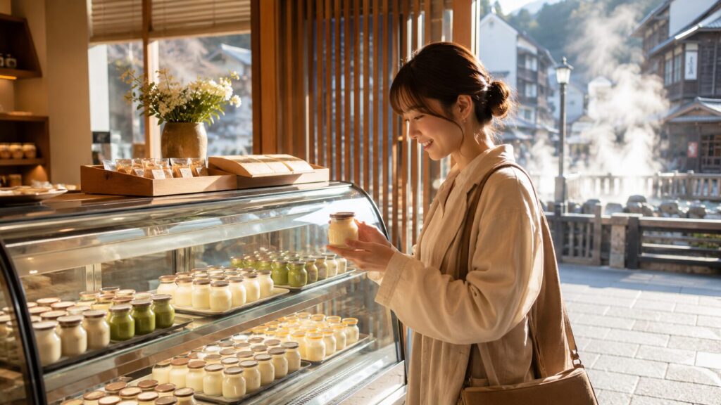 草津温泉街の店舗で冷蔵ショーケースから瓶入りプリンを選ぶ女性旅行者のイメージ