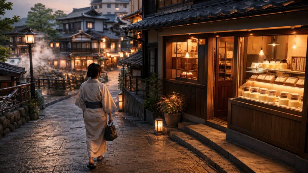 湯けむりが漂う草津温泉の坂道をプリン店へ向かって歩く女性旅行者のイメージ