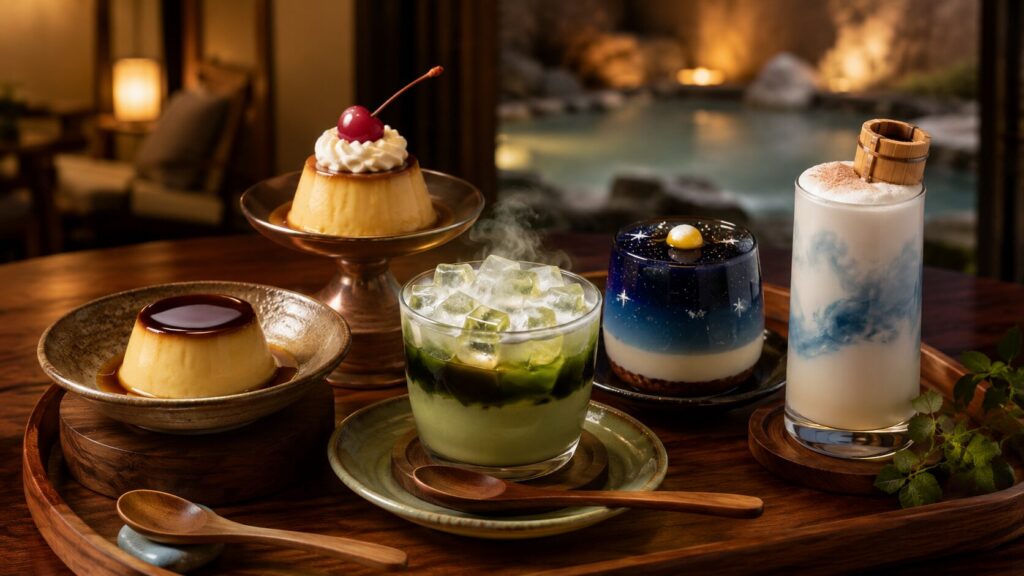 定番プリンや緑色と青色のデザートなど草津温泉プリンのメニューを並べたイメージ