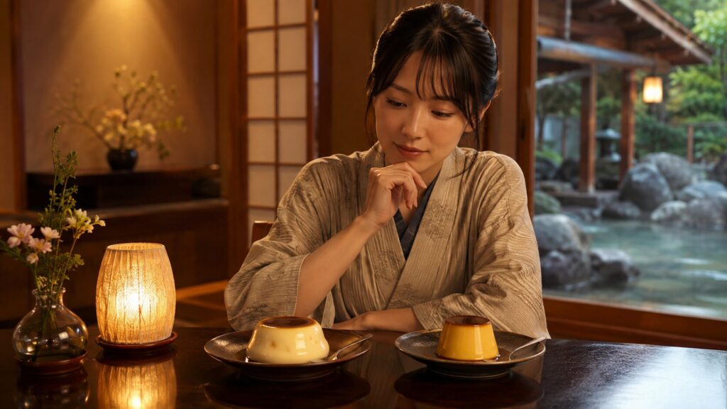 温泉宿の落ち着いた空間で食感の異なる2種類のプリンを比較する女性のイメージ