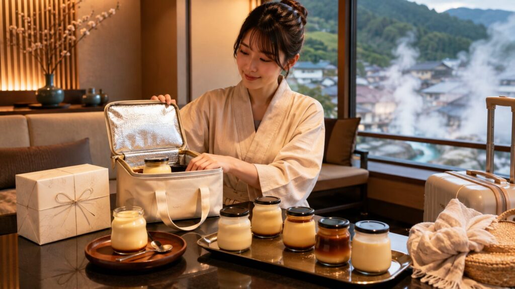 草津温泉の宿で瓶入りプリンを保冷バッグへ入れて持ち帰る準備をする女性のイメージ