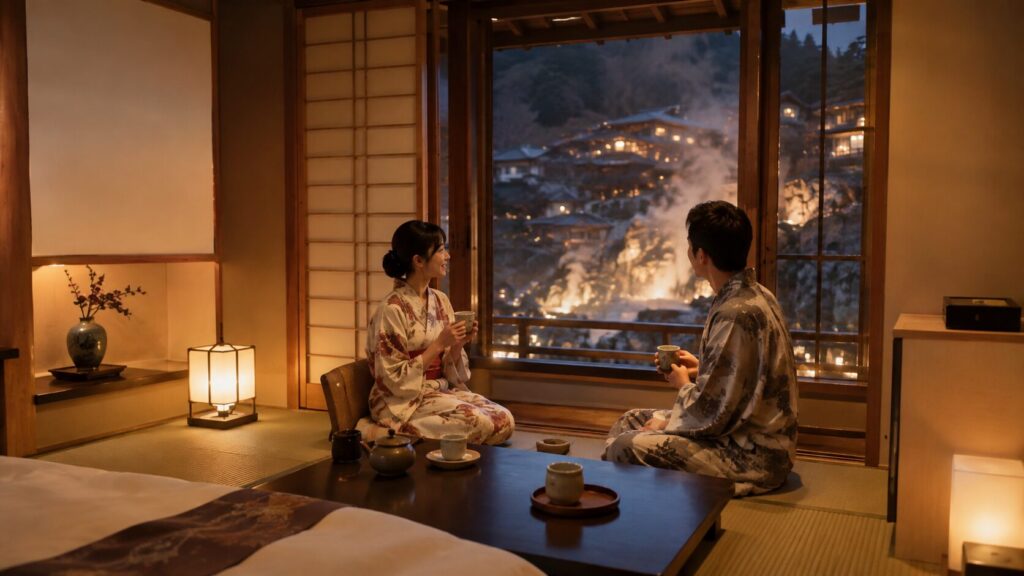 草津温泉の宿でくつろぎながら大滝乃湯周辺の温泉街を眺める宿泊旅行のイメージ