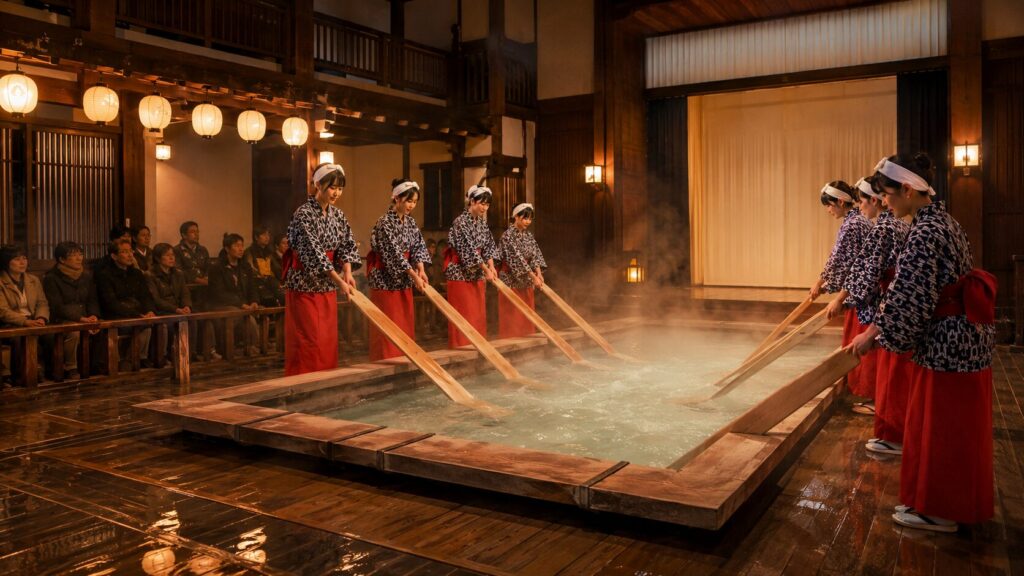 草津温泉の熱乃湯で日本人女性が湯もみを披露するイメージ