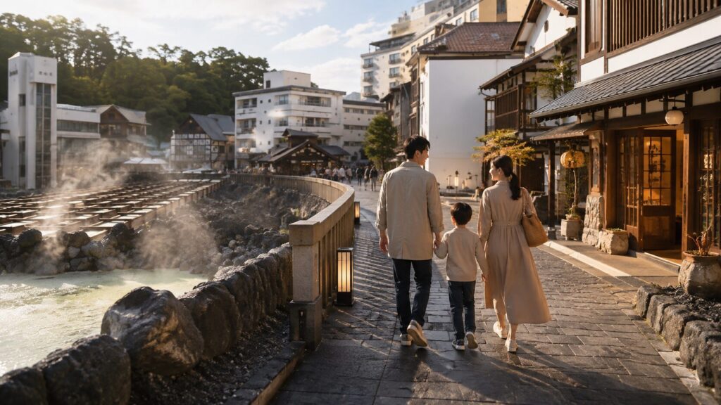 草津温泉の湯畑沿いを家族で散策しながら、おさ湯周辺の温泉街観光を楽しむイメージ