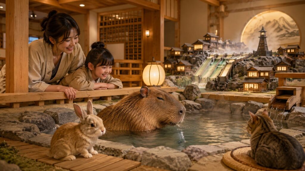 草津温泉おさ湯で猿が湯もみを披露し、スタッフが案内する見どころの分かりやすいイメージ