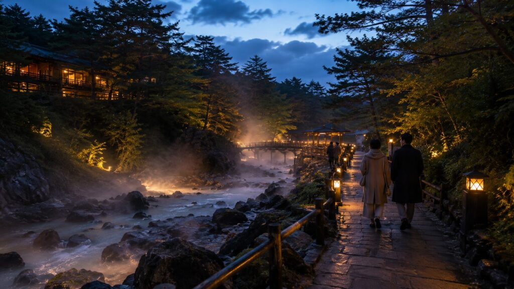 夜の草津温泉西の河原公園でライトアップされた遊歩道と湯けむりの景観を歩く日本人観光客のイメージ