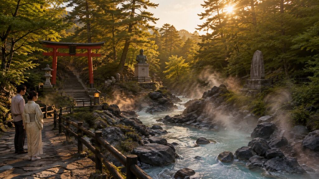 草津温泉西の河原公園の湯けむり立つ渓流と穴守稲荷神社の鳥居や史跡を望む散策風景のイメージ