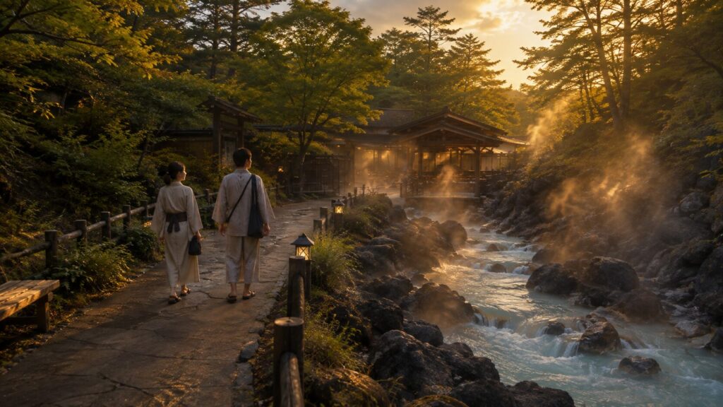 夕暮れの草津温泉西の河原公園で湯けむり立つ遊歩道を歩く日本人の男女と温泉景観のイメージ