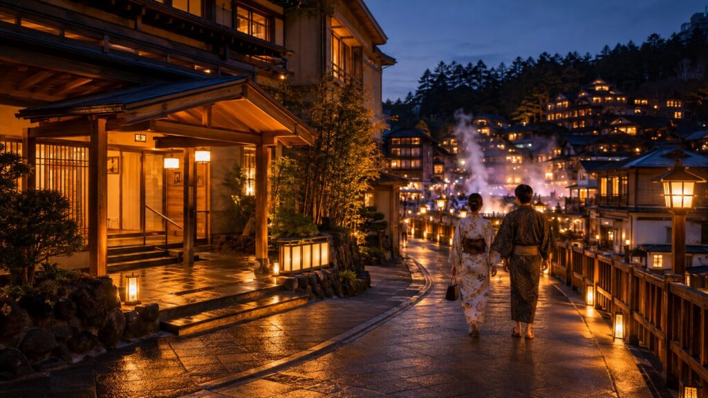 草津温泉の旅館から夜の湯畑散策へ向かう浴衣姿の宿泊客のイメージ