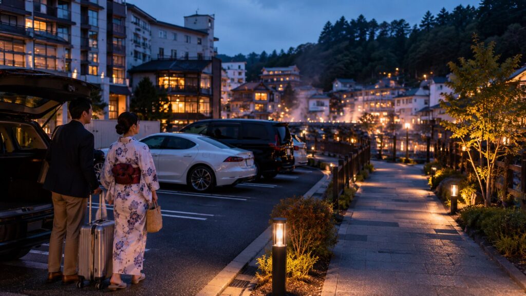 草津温泉の駐車場から荷物を持って湯畑へ向かう旅行客のイメージ